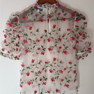 Nordstorm Endless Rose Sheer Top with Red Floral Embroidery